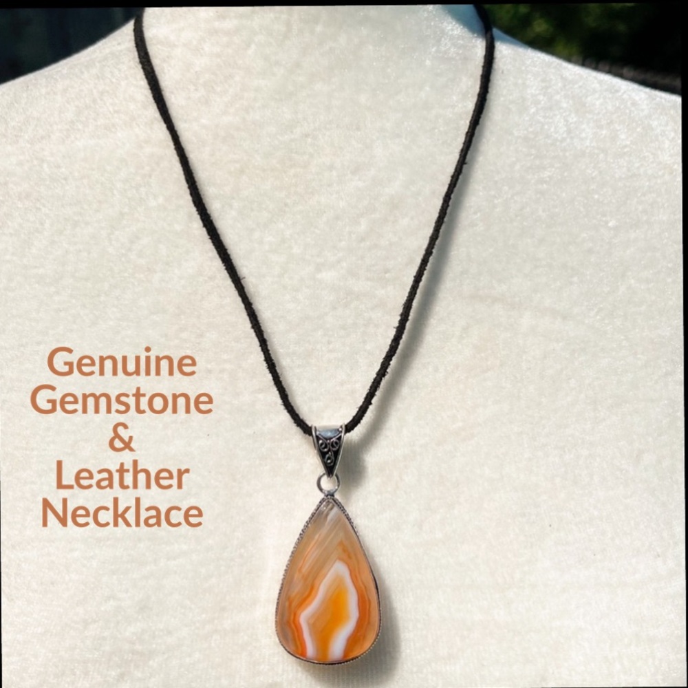 Genuine Orange & White Gemstone & Silver Stamped Teardrop Handmade Necklace